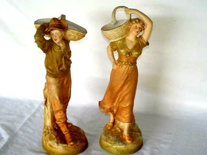 PAIR OF ANTIQUE ROYAL DUX BOHEMIA PORCELAIN FIGURINES STATUE BOY & GIRL W/BASKET - Picture 1 of 12