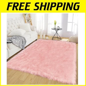 Pink Faux Sheepskin Rug 4x6 - Fluffy Area Rug for Girls Room - Picture 1 of 9
