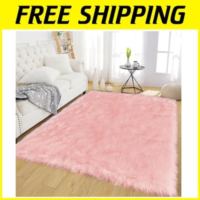 Pink Faux Sheepskin Rug 4x6 - Fluffy Area Rug for Girls Room - Image 1 of 4