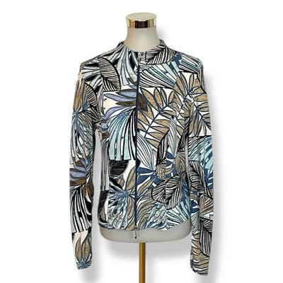 Chaqueta Joseph Ribkoff Talla 14 Cremallera Azul Marrón Estampado Hoja Jersey Tejido Foto 1 de 4