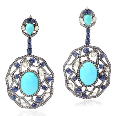 Womens Turquoise Sapphire Earrings 925 Silver Diamond Dangle Boho Statement Gift - Image 1 of 4