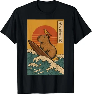 Japan Capybara Surfing Great Wave Anime Kawaii Capybara Surfen Unisex T-Shirt - Bild 1 von 2