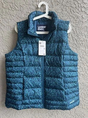 Chaleco para mujer Lands End cremallera azul geométrico 600 plumón acolchado acolchado acolchado talla L NUEVO Foto 1 de 4