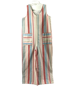 Tuta donna misto lino taglia grande pagliaccetto marrone rosa blu righe cintura costiera - Foto 1 di 11