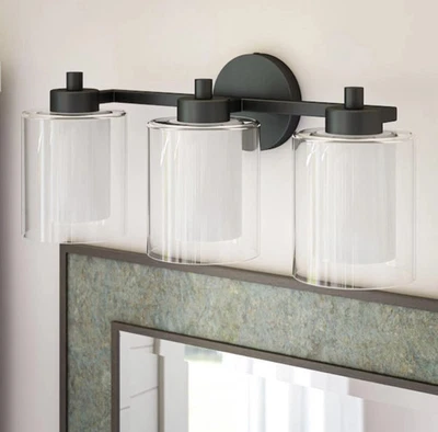 KENROY H. Royce 21 in. 3-Light Black Vanity Light with White & Clear Glass Shade - Image 1 of 4