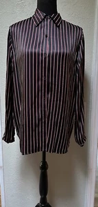 Lauren Ralph Lauren Shirt Women's Size M 100% Silk Black Red Stripe Button Up - Picture 1 of 7