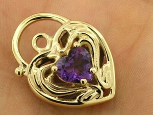 K014 Genuine 9K Yellow, Rose or White Gold Natural Amethyst Heart PADLOCK Clasp - Picture 1 of 2
