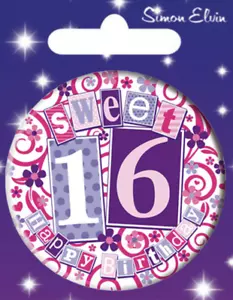 SWEET 16th BIRTHDAY BADGE AGE 16 GIRL BIRTHDAY BADGE PARTY GIFT - Picture 1 of 1