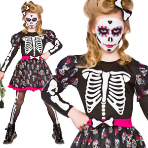 Girls Skull Day of the Dead Halloween Kids Fancy Dress Costume Age 4-13
