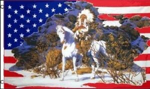 Coiffure indienne à cheval dans la neige drapeau américain 3 x 5 pieds USA Amérique Amérindienne États-Unis