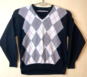 Faldo By Pringle Sweater Long Sleeve Mens Argyle V- Neck Gray White Black Large - Picture 1 of 11