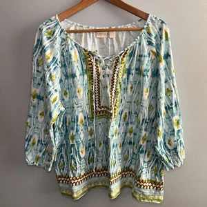 Chicos Artistic Design Blouse Abstract Geometric Boho Drawstring Front Sz 3 (XL) - Picture 1 of 11