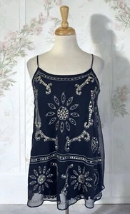 Navy Blue Embroidered Sequin Beaded Tank Top Blouse Fairy Boho Hippie Y2K XXS - Picture 1 of 6