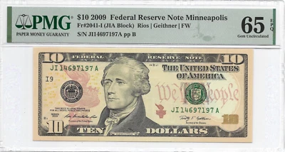 2009 $10 MINNEAPOLIS FRN. PMG GEM Uncirculated 65 EPQ. 2nd of 2 consecutive S/Ns - Image 1 of 2