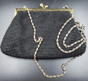 Black Seed Bead And Rhinestone Clasp Evening Bag Purse - Picture 1 of 7