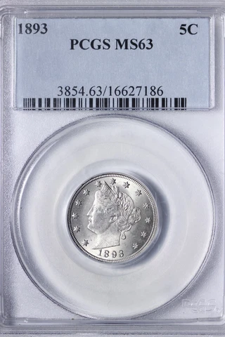 BU 1893 Liberty V Nickel PCGS MS63 Nice Bright Coin, Great Luster! GNCM Cover