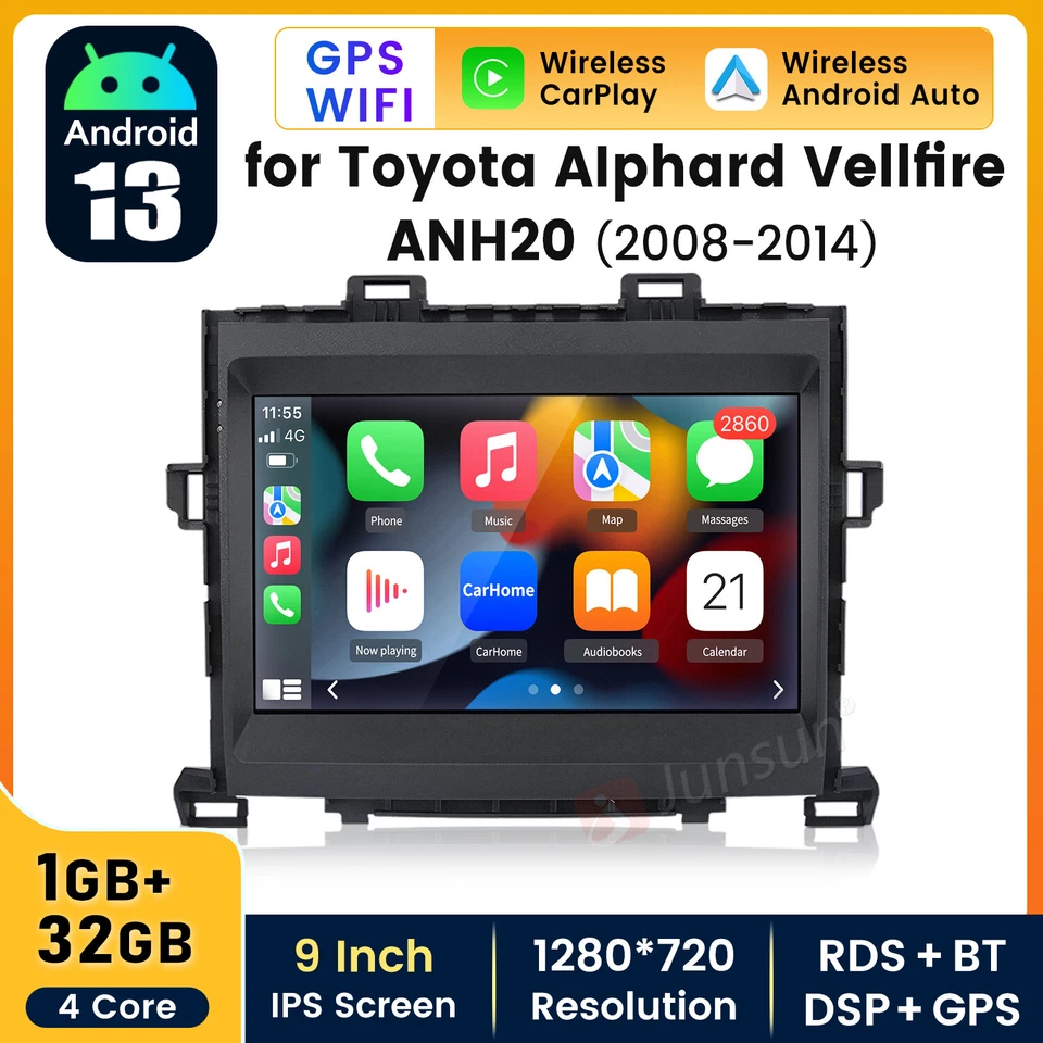JUNSUN 9"Android 13 Car Radio Stereo GPS SATNav BT Carplay For Toyota Alphard 2008-2014