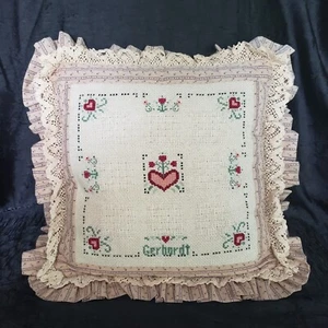 Vintage Needlepoint Sampler 2 Ruffles Lace 17x17" Handmade Cottage Chic Core - Picture 1 of 2
