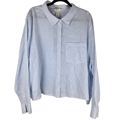 H&M Blue Striped Long-Sleeve Linen Blend Button-Up Shirt Boxy Minimalist XXL - Image 1 of 4