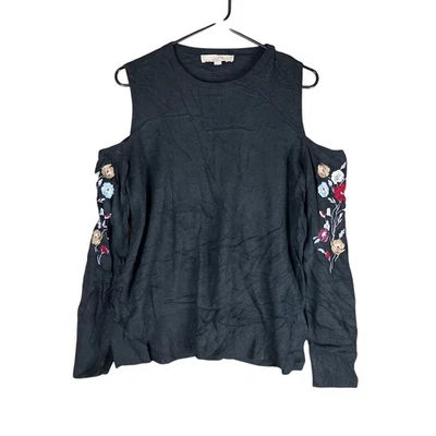 Suéter LOFT para Mujer Negro Floral Bordado Hombro Frío Crew Mezcla de Lana XL Foto 1 de 4