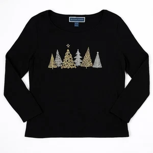 Top de Navidad Karen Scott L Negro Dorado Plata Árboles Joya Manga Larga Vacaciones - Imagen 1 de 10