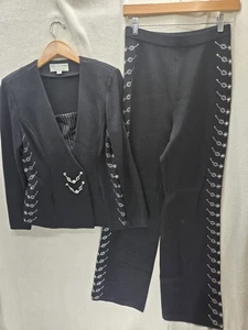 Luxurious Black St. John Evening Knit Suit, Crystal Embellished Jacket & Pants S - Picture 1 of 18