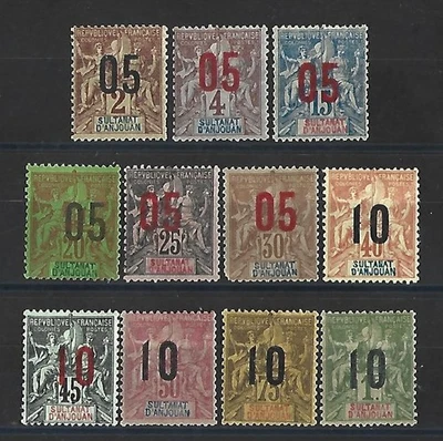 Sultanate of Anjouan  1912. Complete Set 11 stamps * new.       (9230) - Image 1 of 2