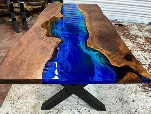 Dining Table Top | Epoxy Blue River Live Edge Center Living Room Table Top Decor - Picture 1 of 15