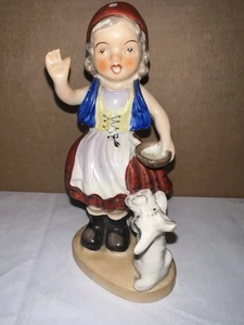 Vintage JAPAN German looking girl figurine waving w/ scottie scotty dog ceramic - Picture 1 of 24