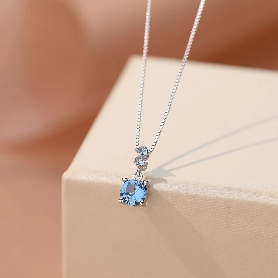 Elegante collana in argento sterling 925 con zirconi rotondi blu gioielli... - Immagine 1 di 4