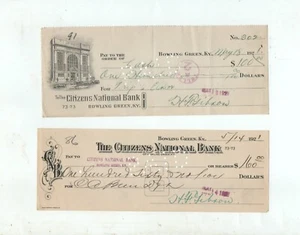 Bowling Green Kentucky lot of two 1921 Citizens Bank checks signed H. F. Gibson - Picture 1 of 5