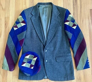 VTG 80s Men's PATCHWORK Blazer Set *42/XL* HOLBROOK Green Wool Quilted Jacket - Picture 1 of 8