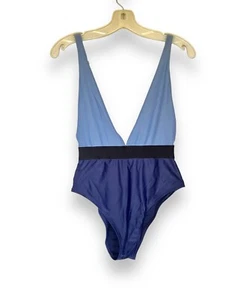 Aerie Deep V Plunge One Piece Swimsuit 2-tone Blue Bathing Suit Sz M - Picture 1 of 4