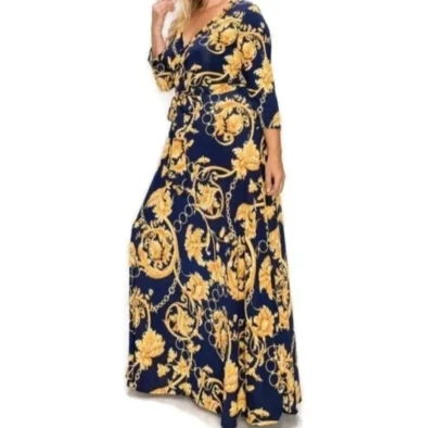 Maxi Vestido Janette Moda Dorado Floral y Cadenas Azul Marino Imitación Envoltura Talla Grande Foto 1 de 3