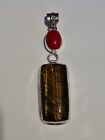 CHUNKY Tigers Eye & red coral 925 Silver Gemstone Pendant Stunning ??(443)