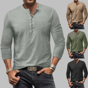 Mens Button Long Sleeve T Shirts Casual Button-Up Solid Shirt Blouse Tops Tee US - Picture 1 of 18