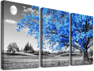 3 Piece Black and White Blue Tree Moon Canvas Wall Art 12"X16" for Living Room - Picture 1 of 12