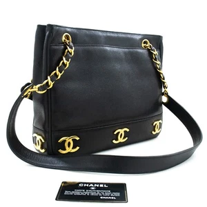 m25 CHANEL Authentic Grained Calfskin Triple Coco Chain Shoulder Bag Black Gold - Picture 1 of 17