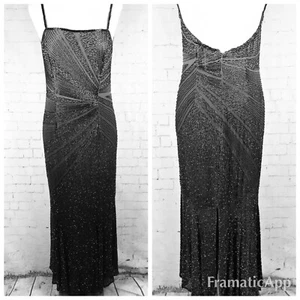 * LAURENCE KAZAR 100% SILK Black Grey Elegant Beaded Long Dress Sz PL Gown - Picture 1 of 6