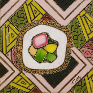 "Sushi, Original Kunstwerk Ölgemälde auf Wiegenplatte S1E2, gerahmt 8""x8" - Bild 1 von 5