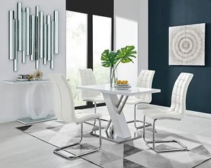 SORRENTO White High Gloss Chrome Dining Table & 4 Faux Leather Dining Chairs - Picture 1 of 49