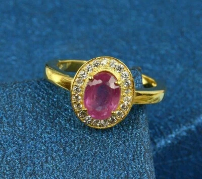 Natural Ruby Ring Halo Stacking Promise Delicate 18k Gold Plated Sterling Silver - Image 1 of 4