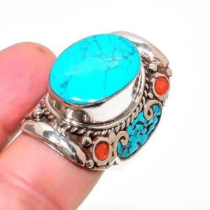 Turquoise Red Coral Gemstone Ring Tibetan Silver Antique Gift Jewelry 9" NR 3251 - Picture 1 of 7