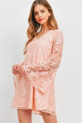 Loveriche Peach Lace Overlay Bell Sleeve Shift Dress Size Large Summer Travel  - Image 1 of 2