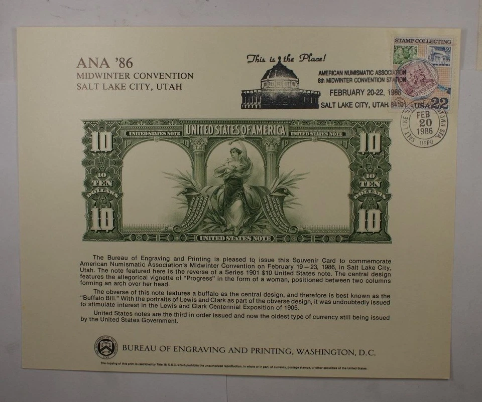 BEP Souvenir Card B 88 ANA 1986 MidYear back 1901 $10 LT Show cancelled - Image 1 of 1