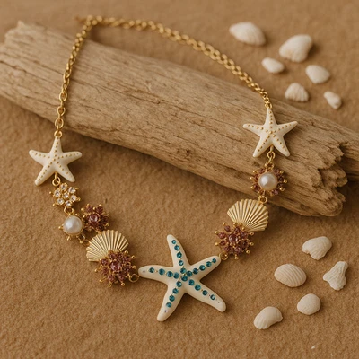 Boho Starfish Seashell Necklace – Coastal Beach Jewelry with Pearls & Crystals Foto 1 de 3