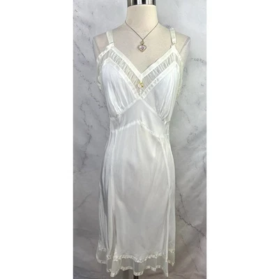 De Colección Años 40 50 Vestido Sin Mangas Lencería Blanco Sedoso Babydoll Blanco Malla Romántico MCM Foto 1 de 4