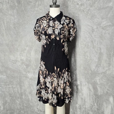 EVA BLUE Women Sz 16 Black Sheer Floral Short Sleeve Collared Button Down Dress - Image 1 of 4