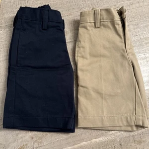 LANDS' END 2 Pk Beige/Navy Mid Rise Adj Waist Reg Fit Bermuda Chino Shorts S 4s - Picture 1 of 11