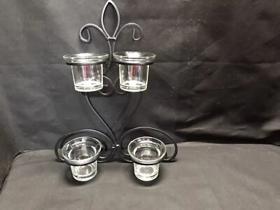 Wrought Iron Black Metal Wall Hanging 4 Glass Votive Candle Holder - Image 1 of 4